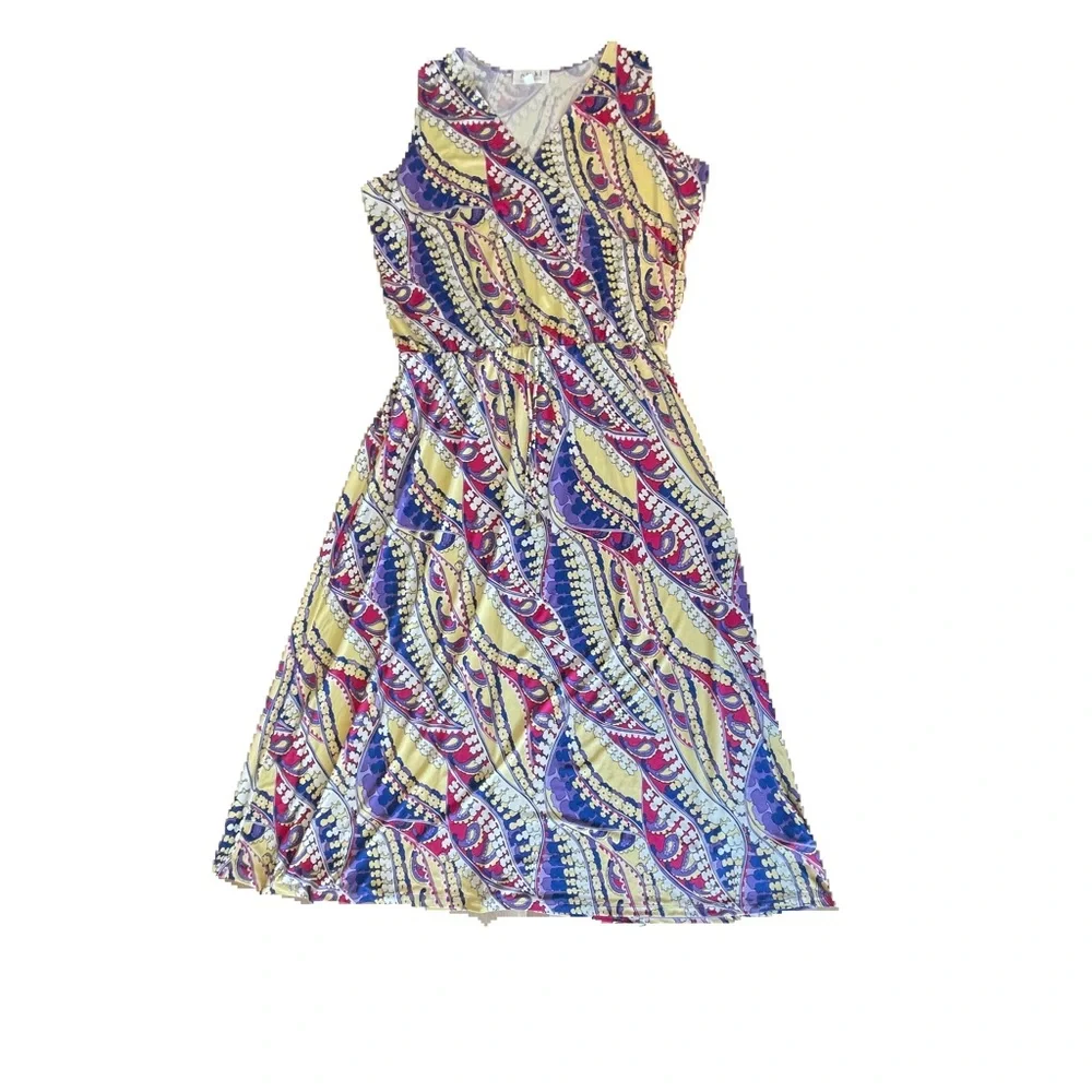 NWOT Nikki Poulos Maxi Dress 1X Plus Sleeveless V-Neck Paisley Floral Multicolor - Picture 1 of 10